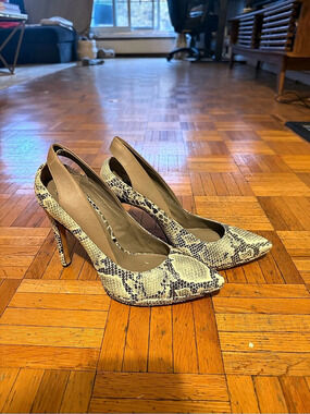 BCBGMaxAzria Snake-Print Pointed-Toe Heels in Brown & Black